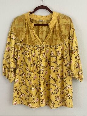 Sundance Mustard Florence Bloom Embroidered 3/4 Sleeve Cotton Blouse Size XL